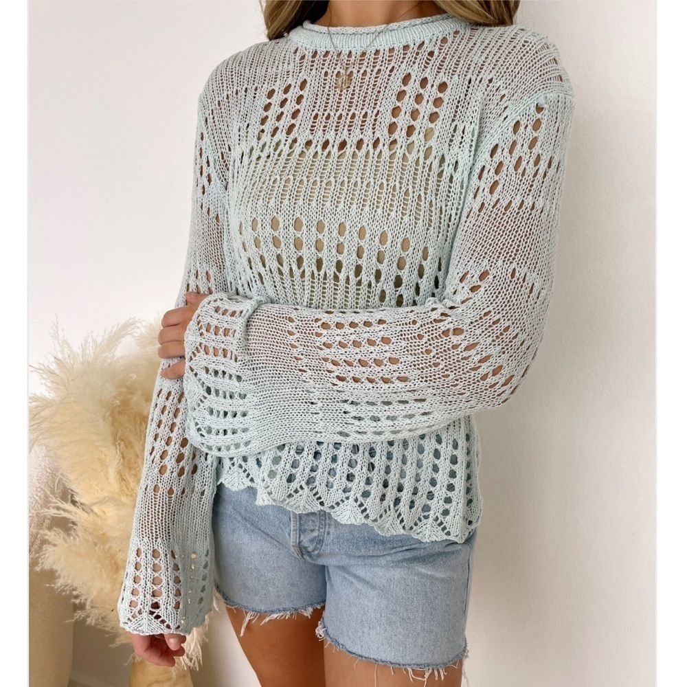 POL-Flare sleeve open knit casual pullover sweater top